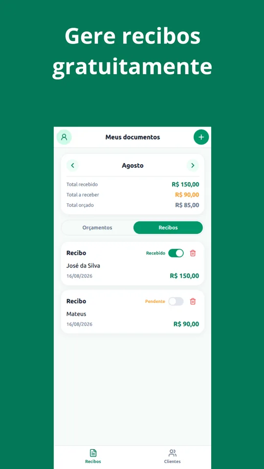 Tela do app Remitia mostrando a lista de recibos emitidos e o resumo financeiro do mês