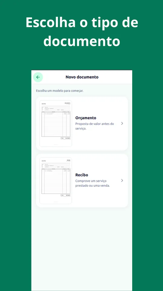 Tela de novo documento no Remitia com os modelos de orçamento e recibo
