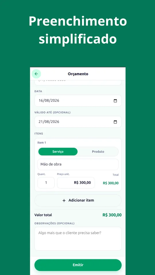 Formulário de orçamento do Remitia com data, itens de serviço e valor total calculado